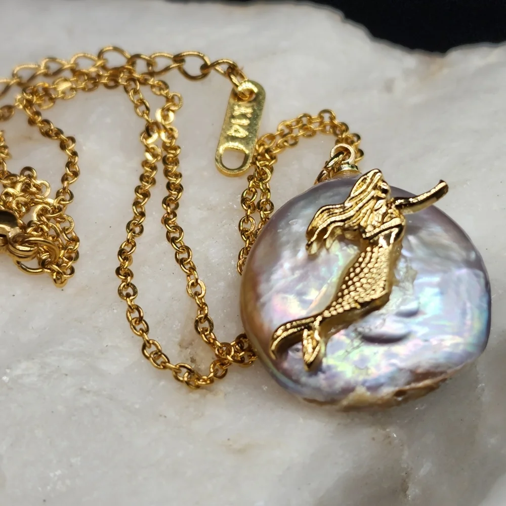 Minimalist Jewelry Mermaid Pendant Natural Pearl 14k Gold plated Necklace